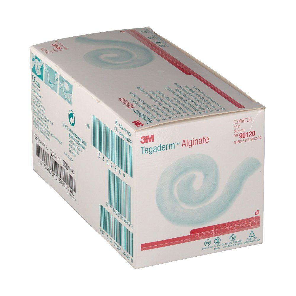 Karton von Tegaderm™ Alginate. Produktabbildung in Hellblau. Aufdrucke in mehreren Sprachen.
