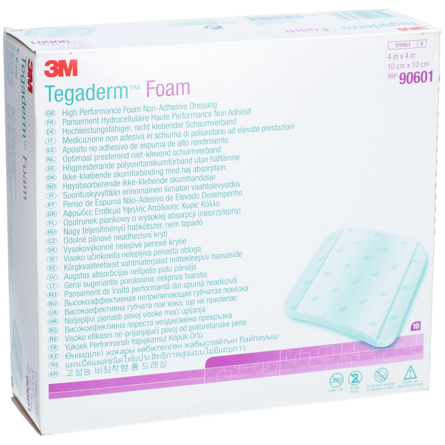 Boîte 3M Tegaderm Foam. Carrée, 10 cm x 10 cm. Contient 10 pièces. Emballage stérile.