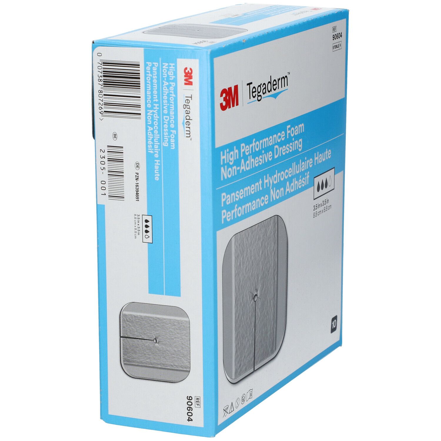 Boîte bleue 3M Tegaderm Foam en biais. Texte: High Performance Foam. Code-barres et informations produit.