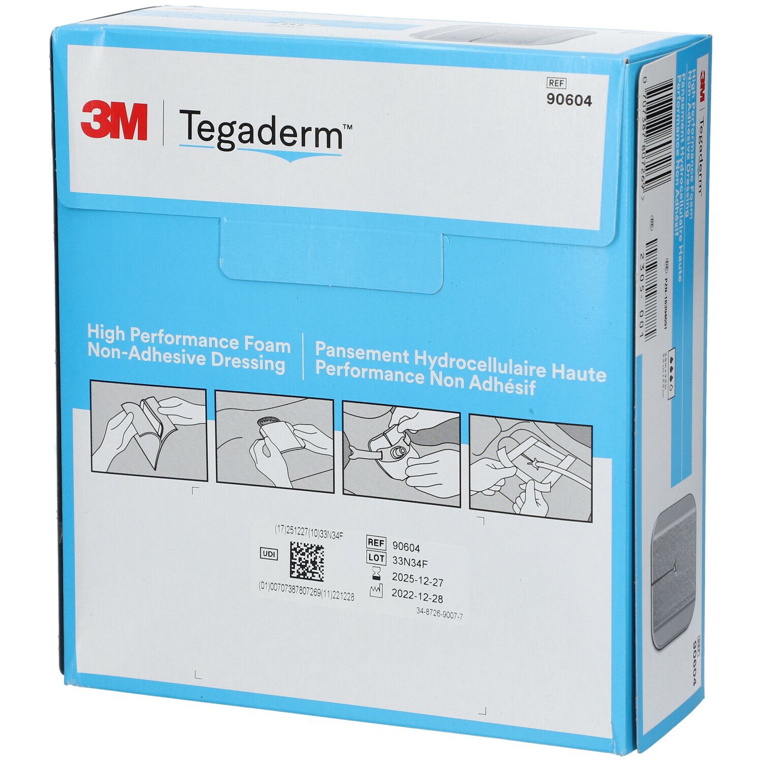 Boîte bleue 3M Tegaderm Foam. Texte: High Performance Foam. Illustrations d'utilisation. Informations produit.