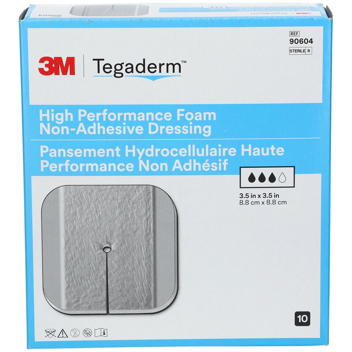 Boîte bleue 3M Tegaderm Foam. Texte: High Performance Foam, 8,8 x 8,8 cm. 10 pièces. Stérile.