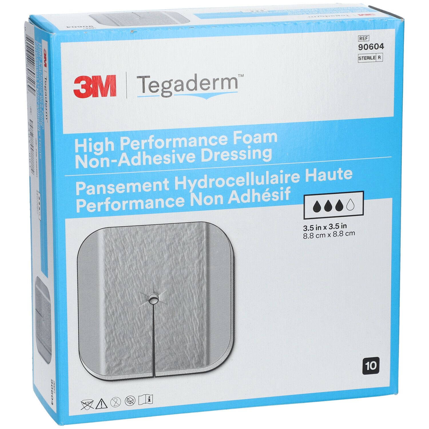 Boîte bleue 3M Tegaderm Foam. Texte: High Performance Foam, 8,8 x 8,8 cm. 10 pièces. Stérile.