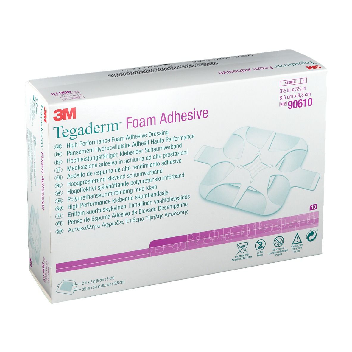 Boîte de 3M Tegaderm Foam Adhesive. Contient 10 pansements. Dimensions : 8,8 x 8,8 cm. Code produit 90610.