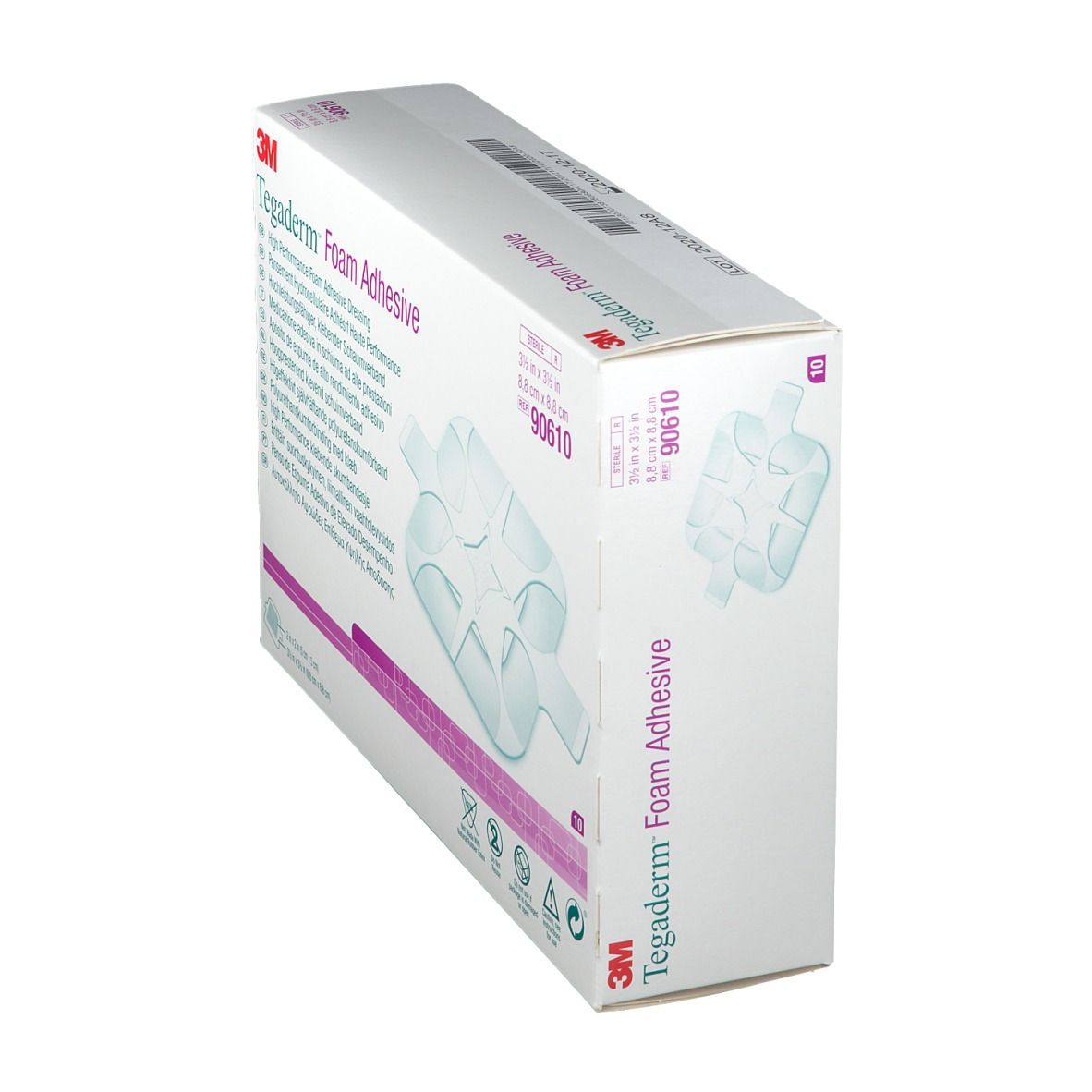 Vue latérale de la boîte de 3M Tegaderm Foam Adhesive. Code produit 90610. Contient 10 pansements.