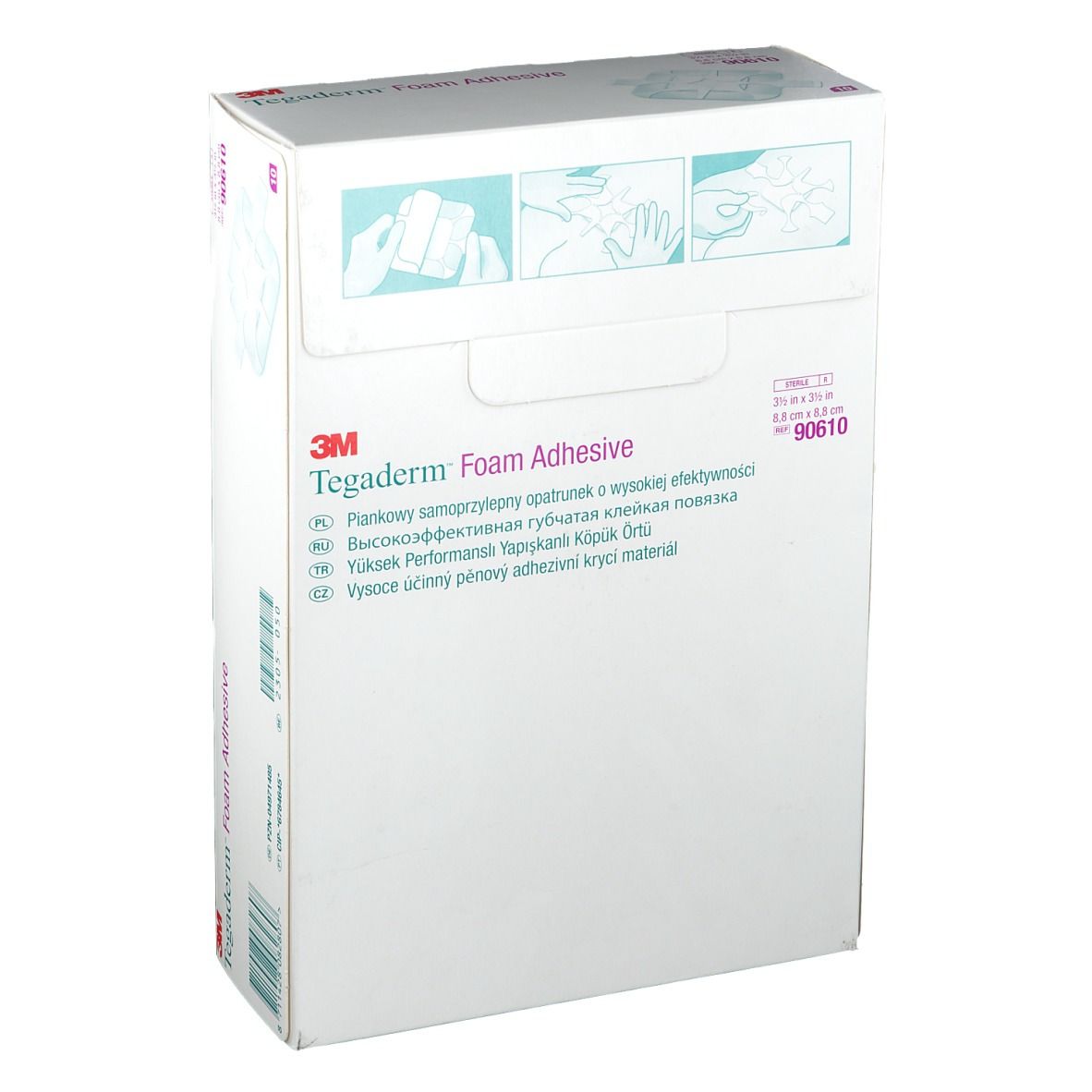 Boîte de 3M Tegaderm Foam Adhesive. Code produit 90610. Contient 10 pansements. Illustrations d'application.