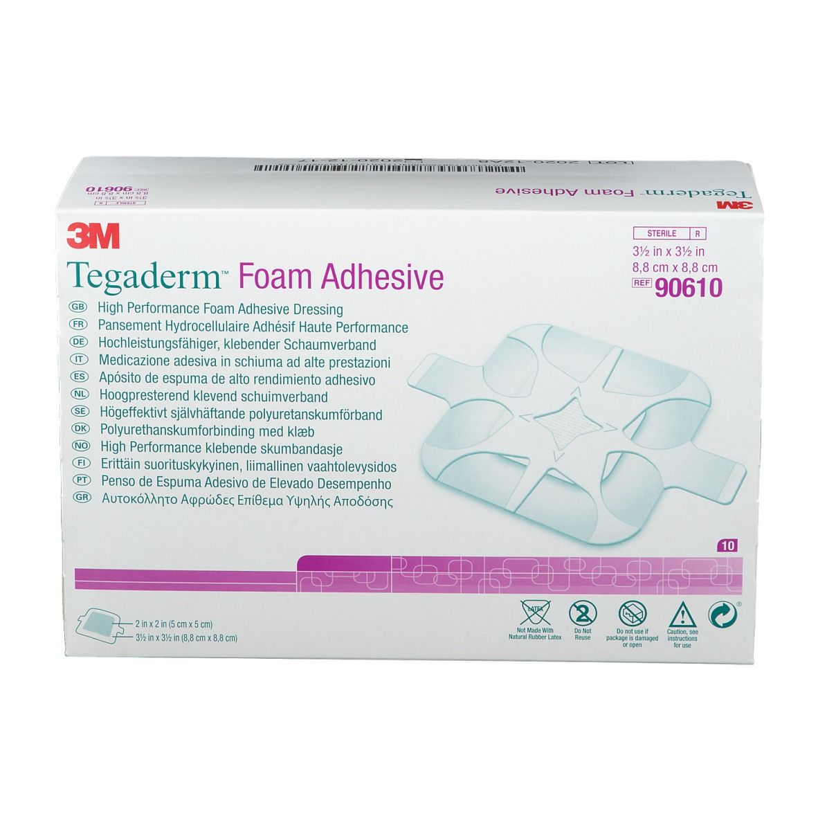Boîte de 3M Tegaderm Foam Adhesive. Contient 10 pansements. Dimensions : 8,8 x 8,8 cm. Code produit 90610.