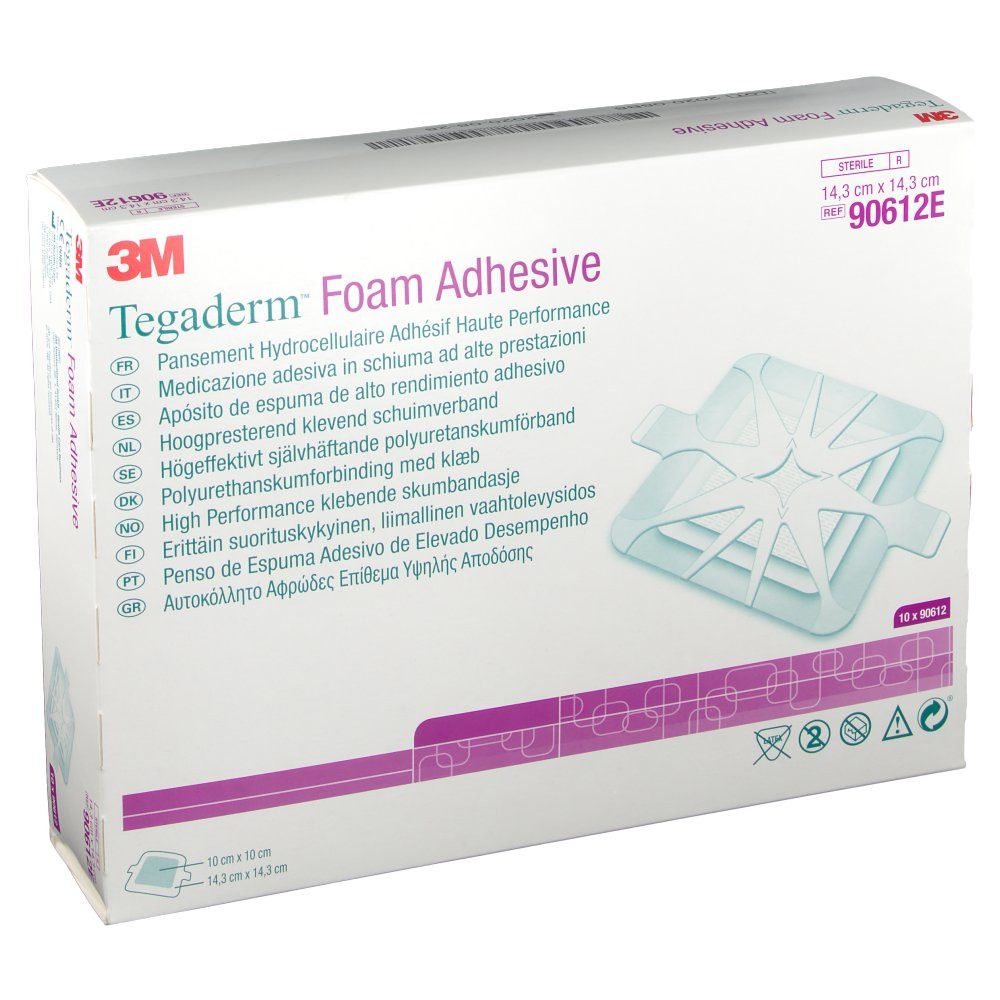 Boîte de 3M Tegaderm Foam Adhesive. Blanche, avec nom et dimensions. Montre un pansement en mousse.