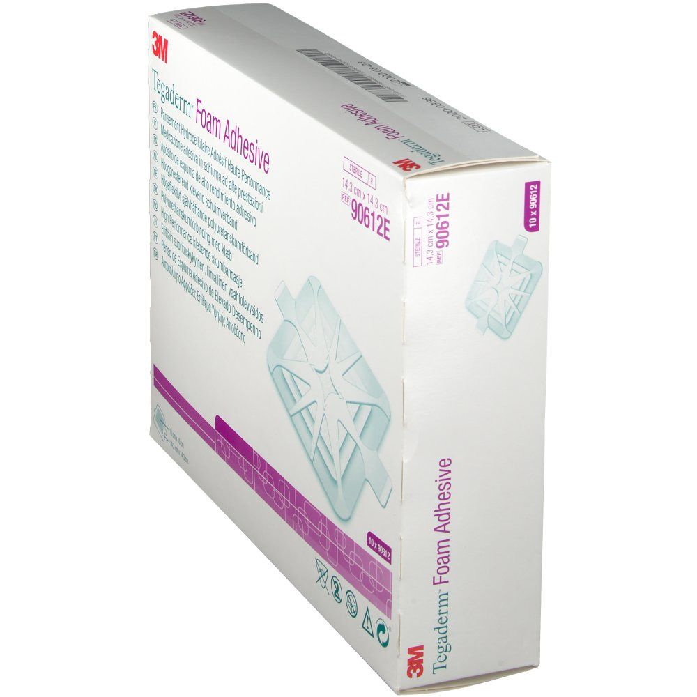 Boîte de 3M Tegaderm Foam Adhesive, en biais. Blanche, avec nom et dimensions. Pansement en mousse.