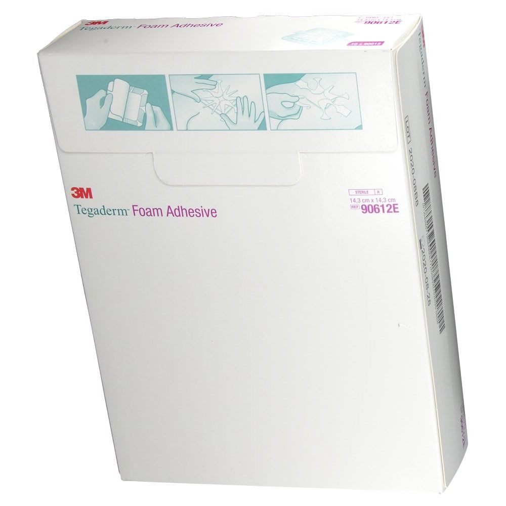 Boîte de 3M Tegaderm Foam Adhesive. Blanche, avec nom et illustrations. Pansement en mousse.
