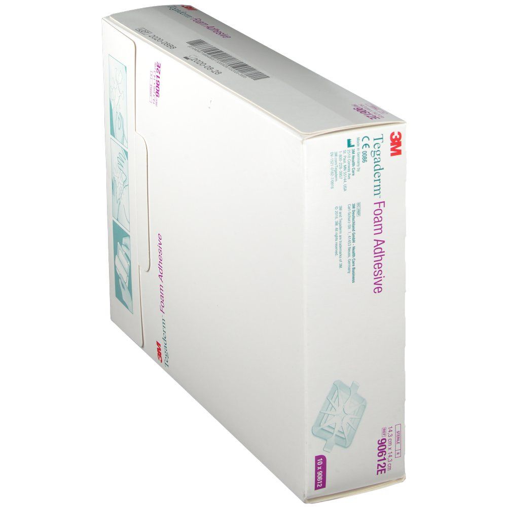 Boîte de 3M Tegaderm Foam Adhesive, en biais. Blanche, avec nom et illustrations. Pansement en mousse.