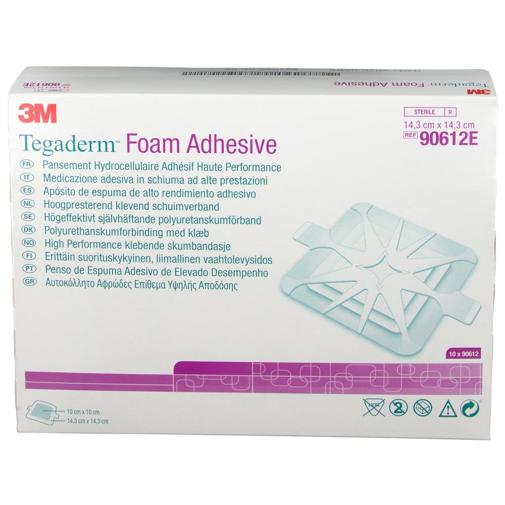 Boîte de 3M Tegaderm Foam Adhesive. Blanche, avec nom et dimensions. Montre un pansement en mousse.