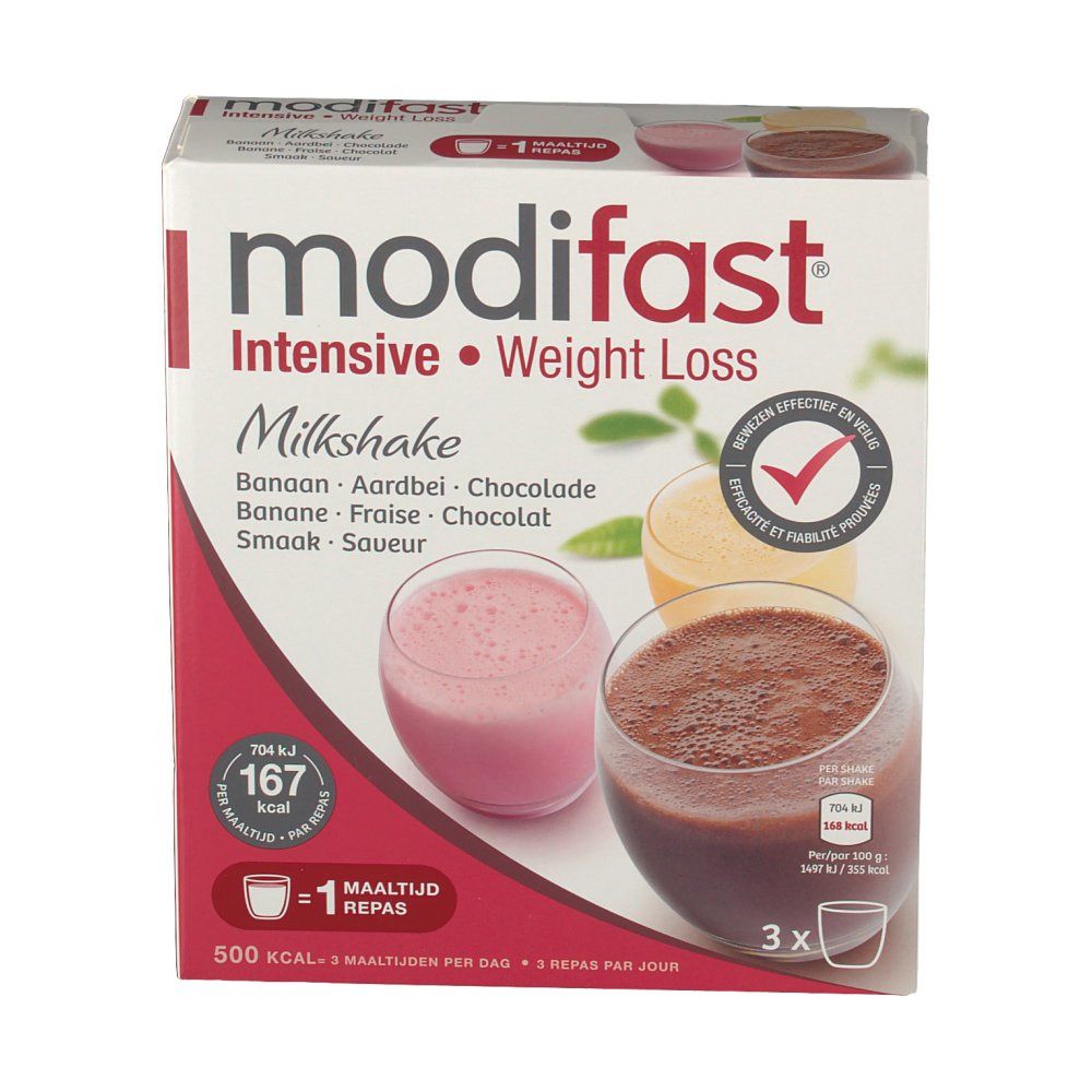 Modifast Intensive Milkshake 3-Pack. Scatola con illustrazioni di milkshake in bicchieri. Testo: 'Banaan, Aardbei, Chocolade'.
