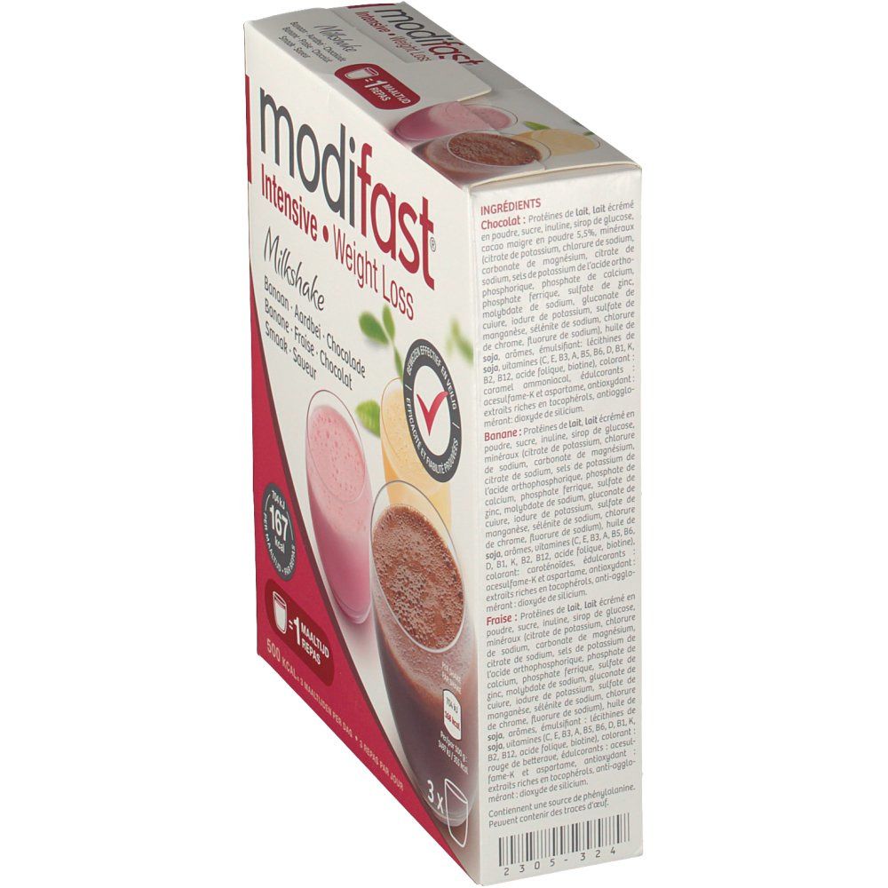 Confezione Modifast Milkshake, vista laterale obliqua. Stampa con elenchi di ingredienti. Illustrazioni di milkshake in bicchieri.