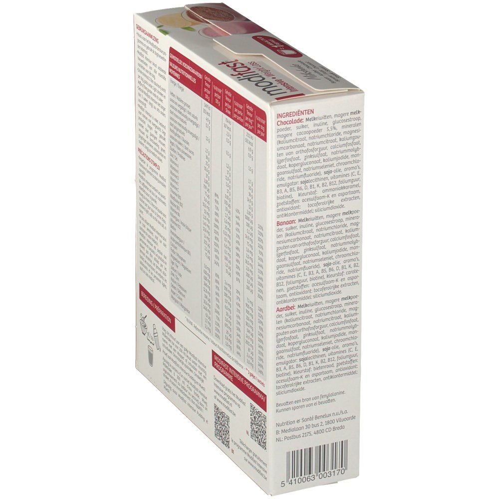 Confezione Modifast Milkshake, retro. Testo con informazioni nutrizionali ed elenchi di ingredienti. Codice a barre e codice QR.