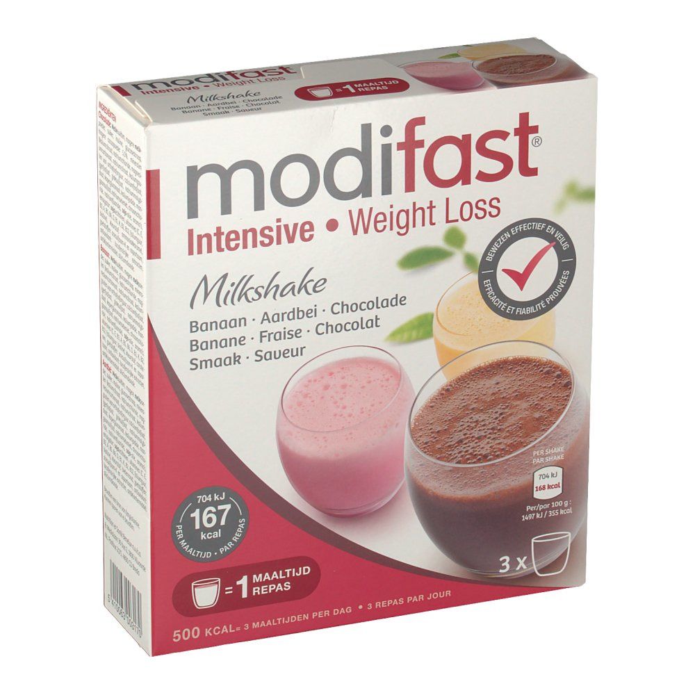 Modifast Intensive Milkshake 3-Pack. Scatola con illustrazioni di milkshake in bicchieri. Testo: 'Banaan, Aardbei, Chocolade'.