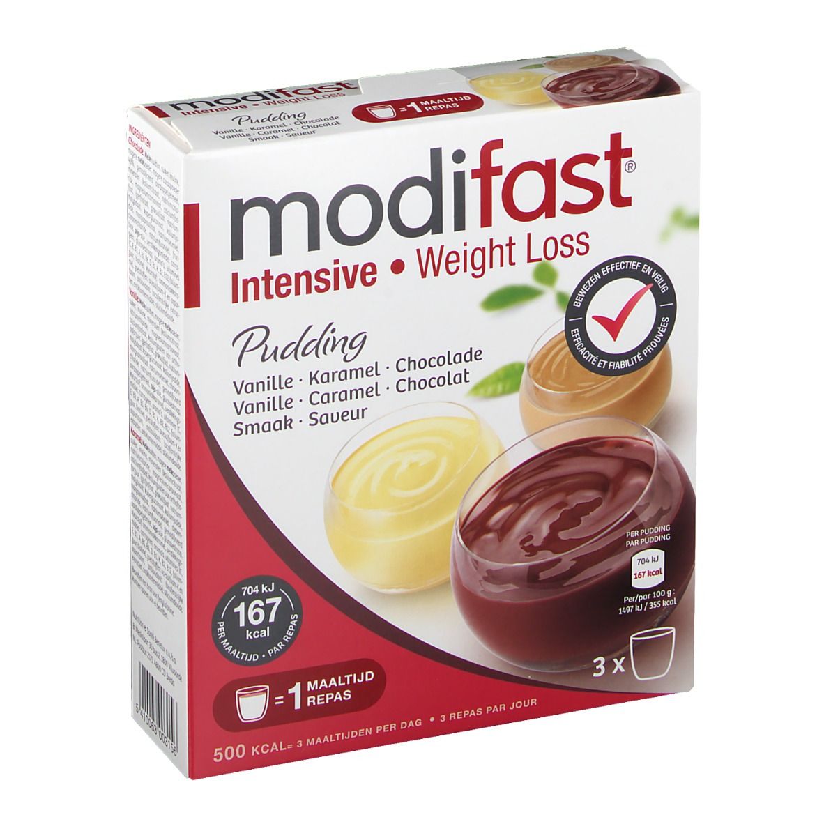 Modifast Intensive Pudding 3-Pack. Vanille, Karamel, Chocolade. Verpakking met afbeeldingen van puddings in bekers.