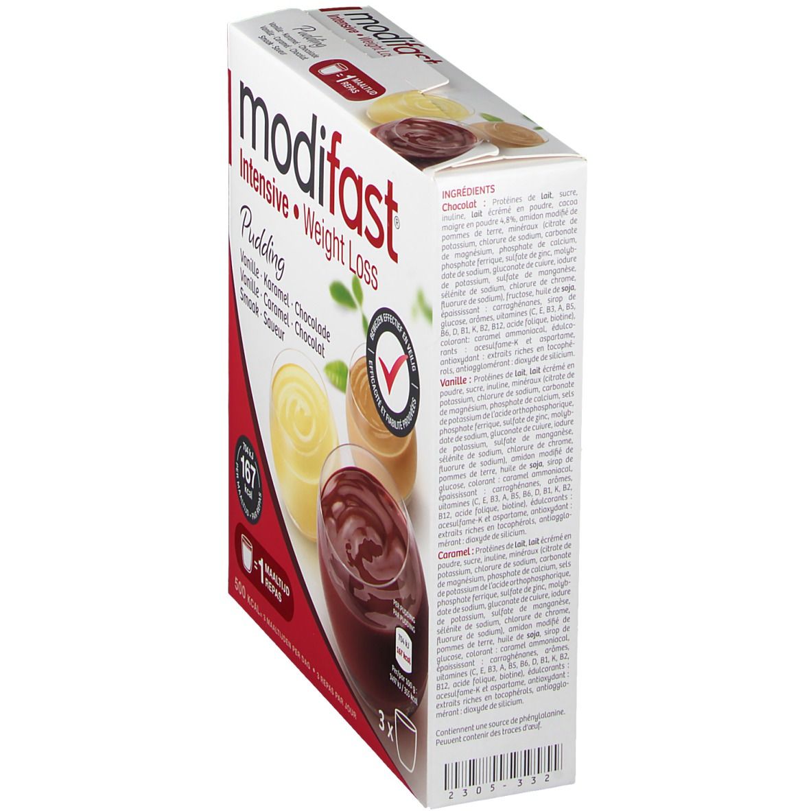 Modifast Intensive Pudding 3-Pack. Zijaanzicht van de verpakking. Ingrediëntenlijst en productinformatie zichtbaar.