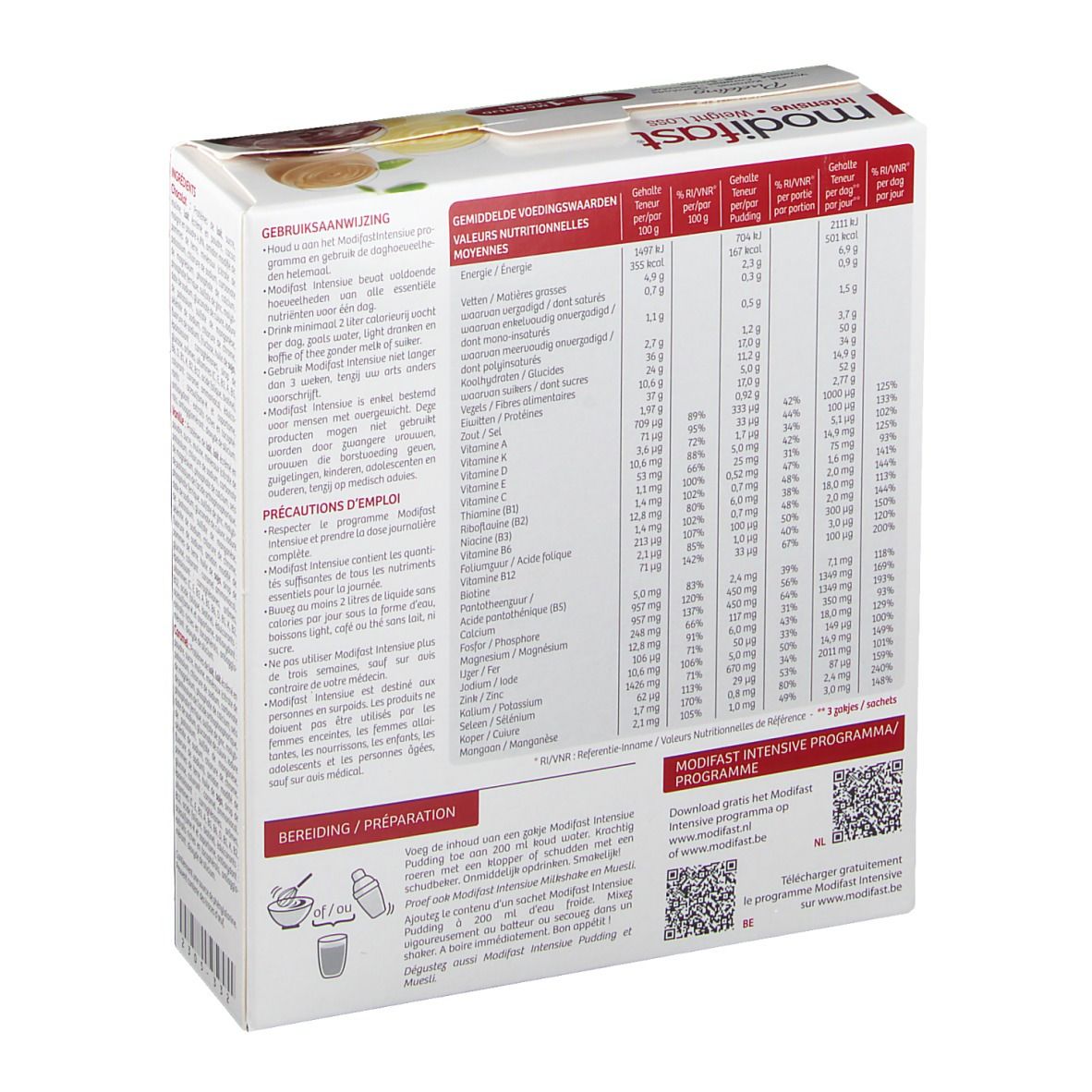 Modifast Intensive Pudding 3-Pack. Achterkant van de verpakking met voedingswaarde en bereidingsinstructies.