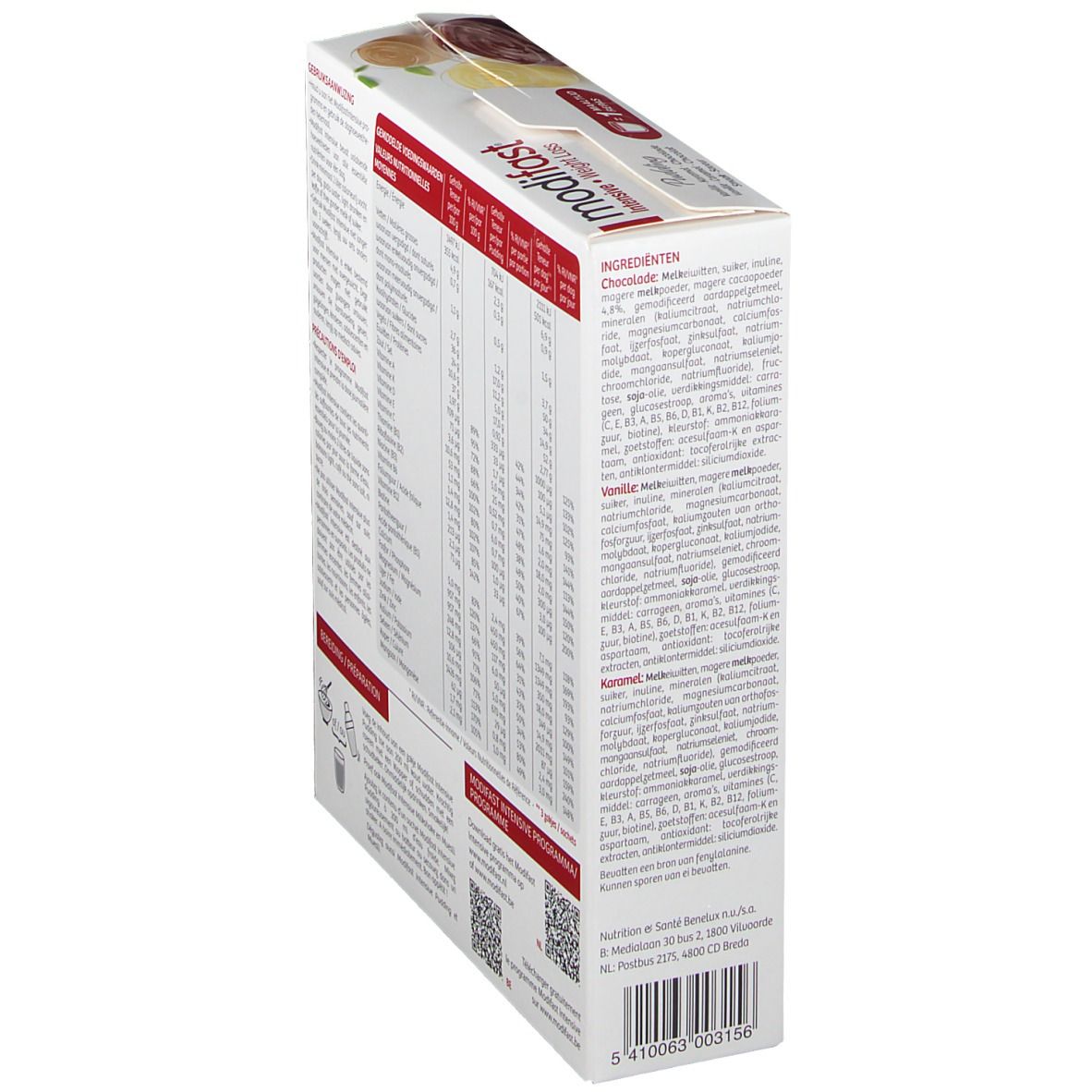 Modifast Intensive Pudding 3-Pack. Zijaanzicht van de verpakking met ingrediëntenlijst en QR-code.