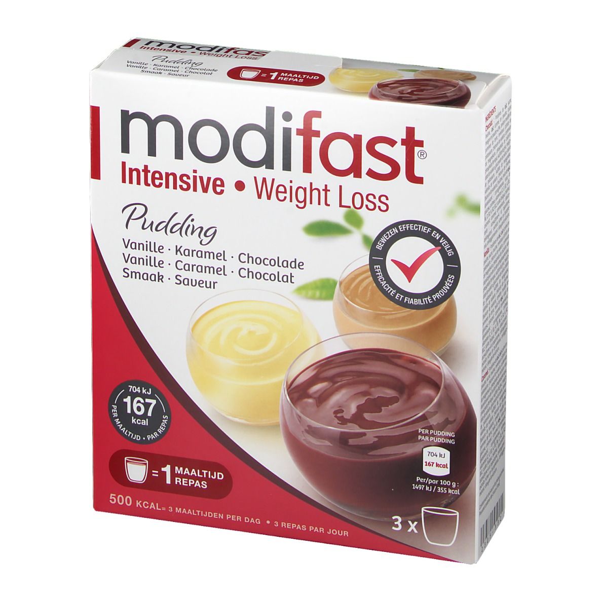 Modifast Intensive Pudding 3-Pack. Vooraanzicht van de verpakking met productafbeeldingen en informatie.
