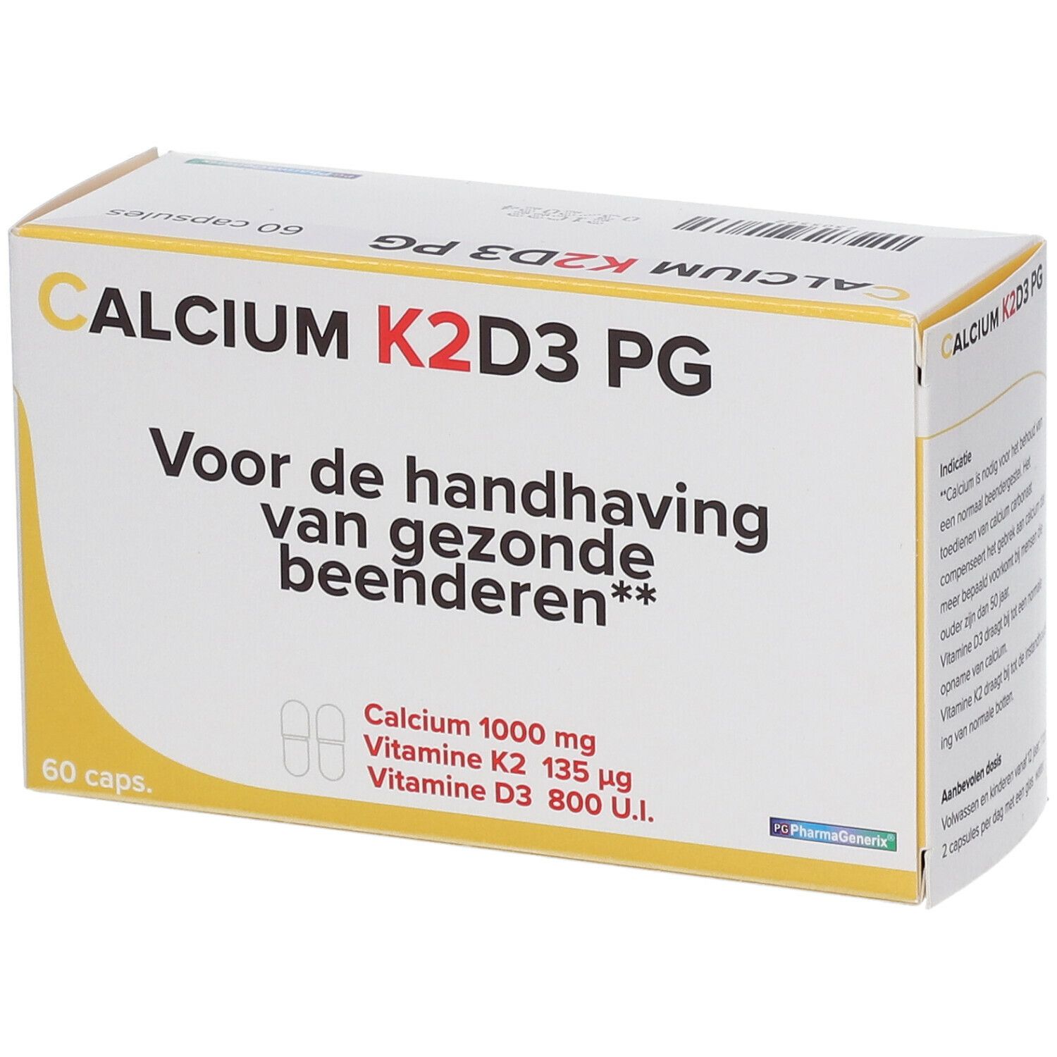 Doos "CALCIUM K2D3 PG" met 60 capsules. Bevat informatie over ingrediënten. Tekst in het Nederlands.