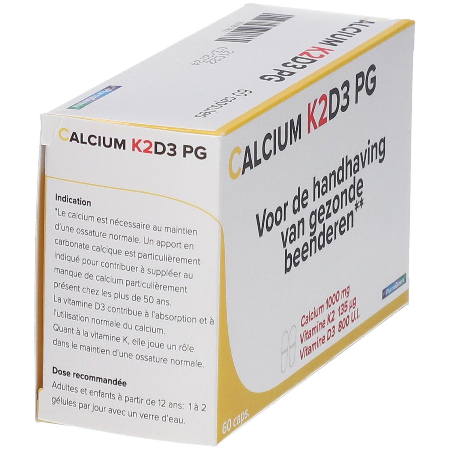Doos "CALCIUM K2D3 PG" met 60 capsules. Informatie over gebruik en ingrediënten. Tekst in het Nederlands.