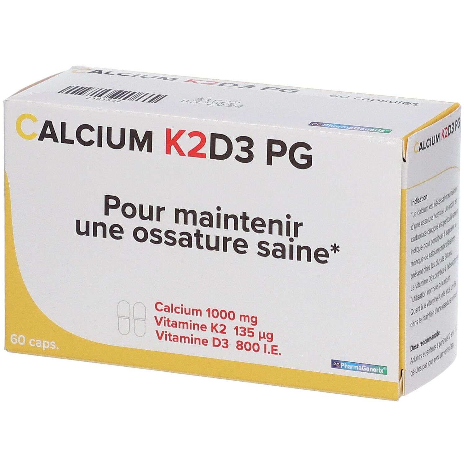 Doos "CALCIUM K2D3 PG" met 60 capsules. Informatie over gebruik en ingrediënten. Tekst in het Frans.