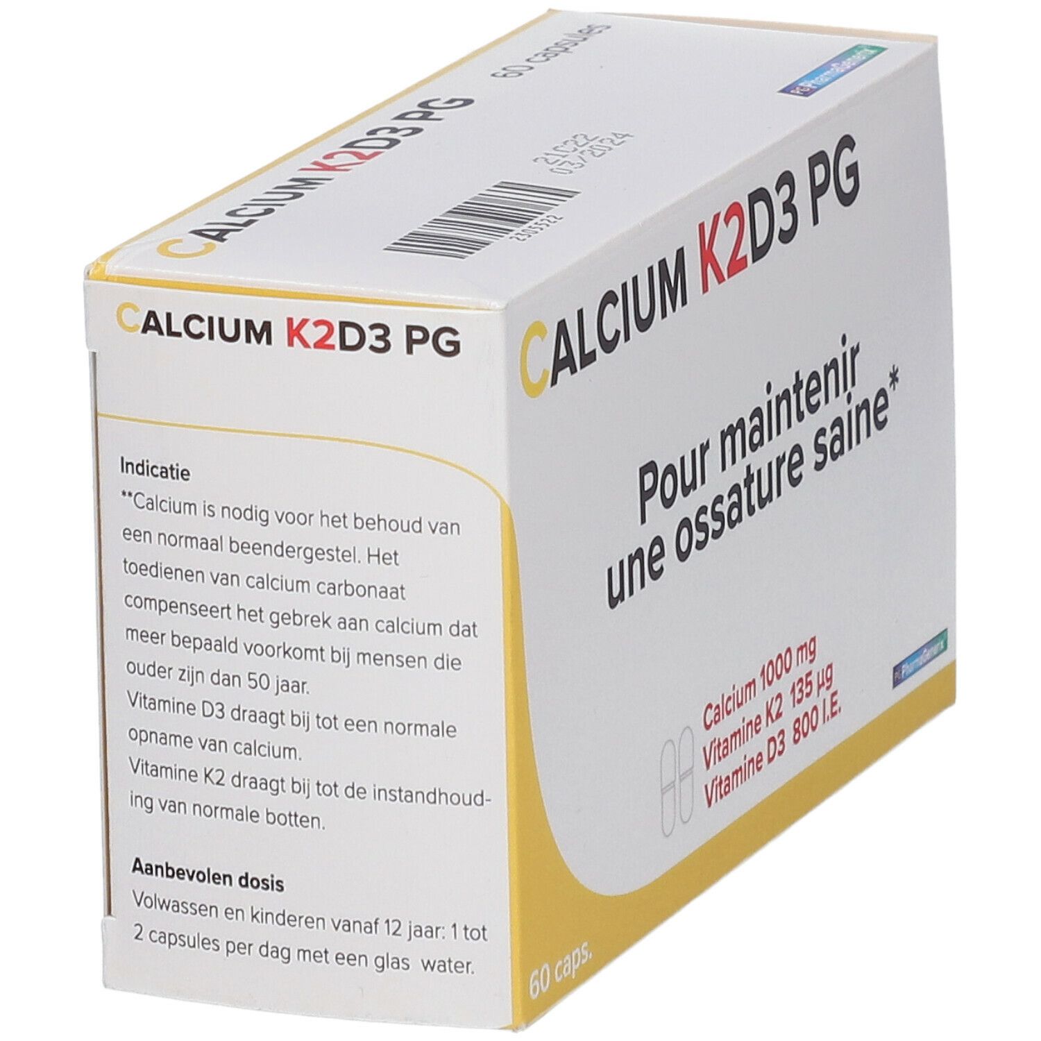 Doos "CALCIUM K2D3 PG" met 60 capsules. Informatie over gebruik en ingrediënten. Tekst in het Frans.