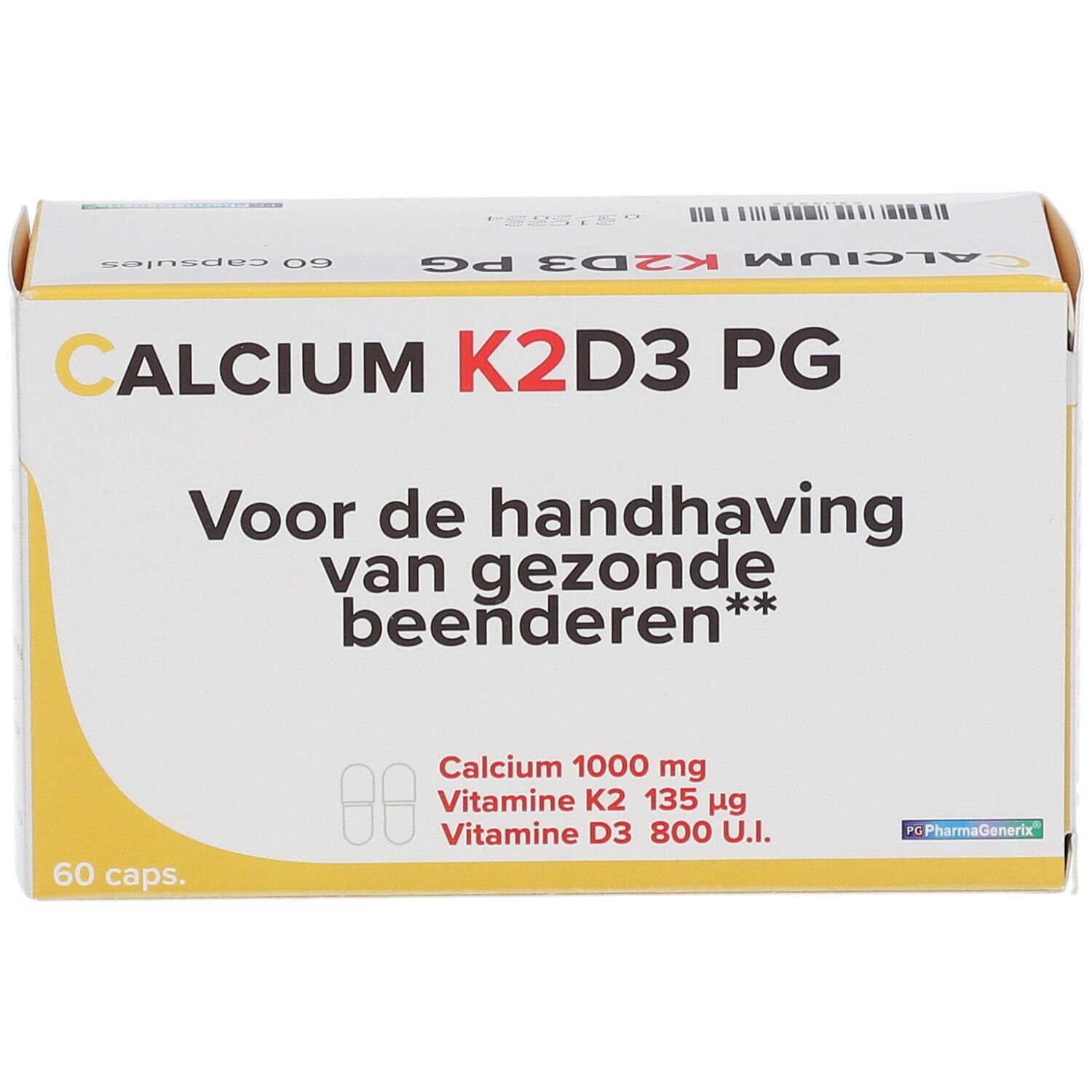 Doos "CALCIUM K2D3 PG" met 60 capsules. Bevat informatie over ingrediënten. Tekst in het Nederlands.