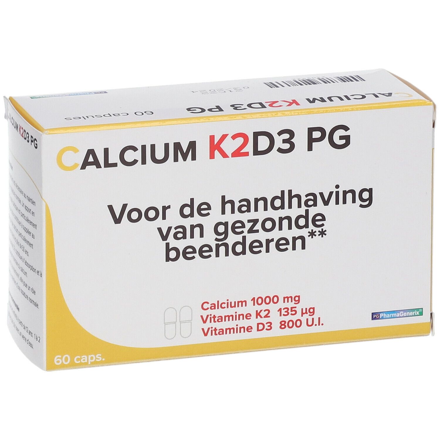 Doos "CALCIUM K2D3 PG" met 60 capsules. Bevat informatie over ingrediënten. Tekst in het Nederlands.