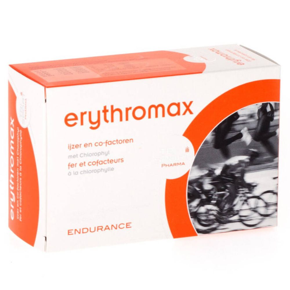 Wit en oranje doos met "erythromax". Tekst: "ijzer en co-factoren met Chlorophyll". Afbeelding van wielrenners.