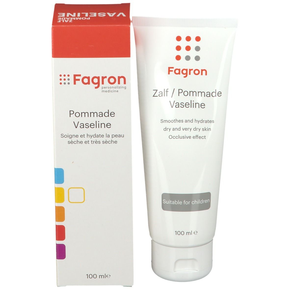 Emballage et tube. Emballage: rouge, blanc, bleu, jaune, orange, violet. Tube: blanc, texte: Zalf/Pommade Vaseline.