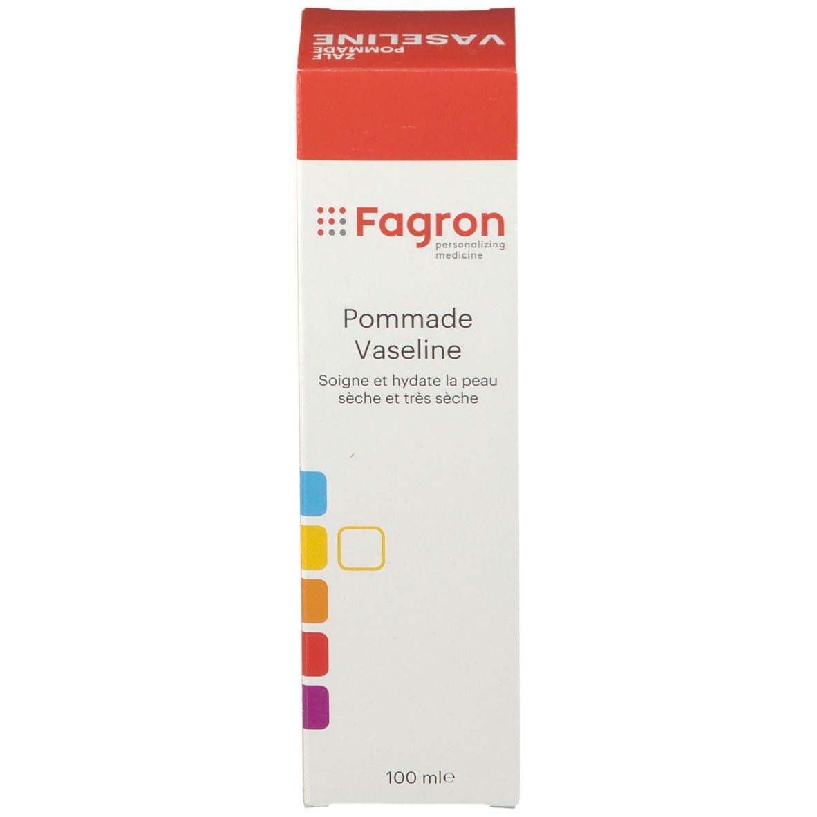 Emballage du produit. Rouge, blanc, bleu, jaune, orange, violet. Texte: Pommade Vaseline. 100 ml.
