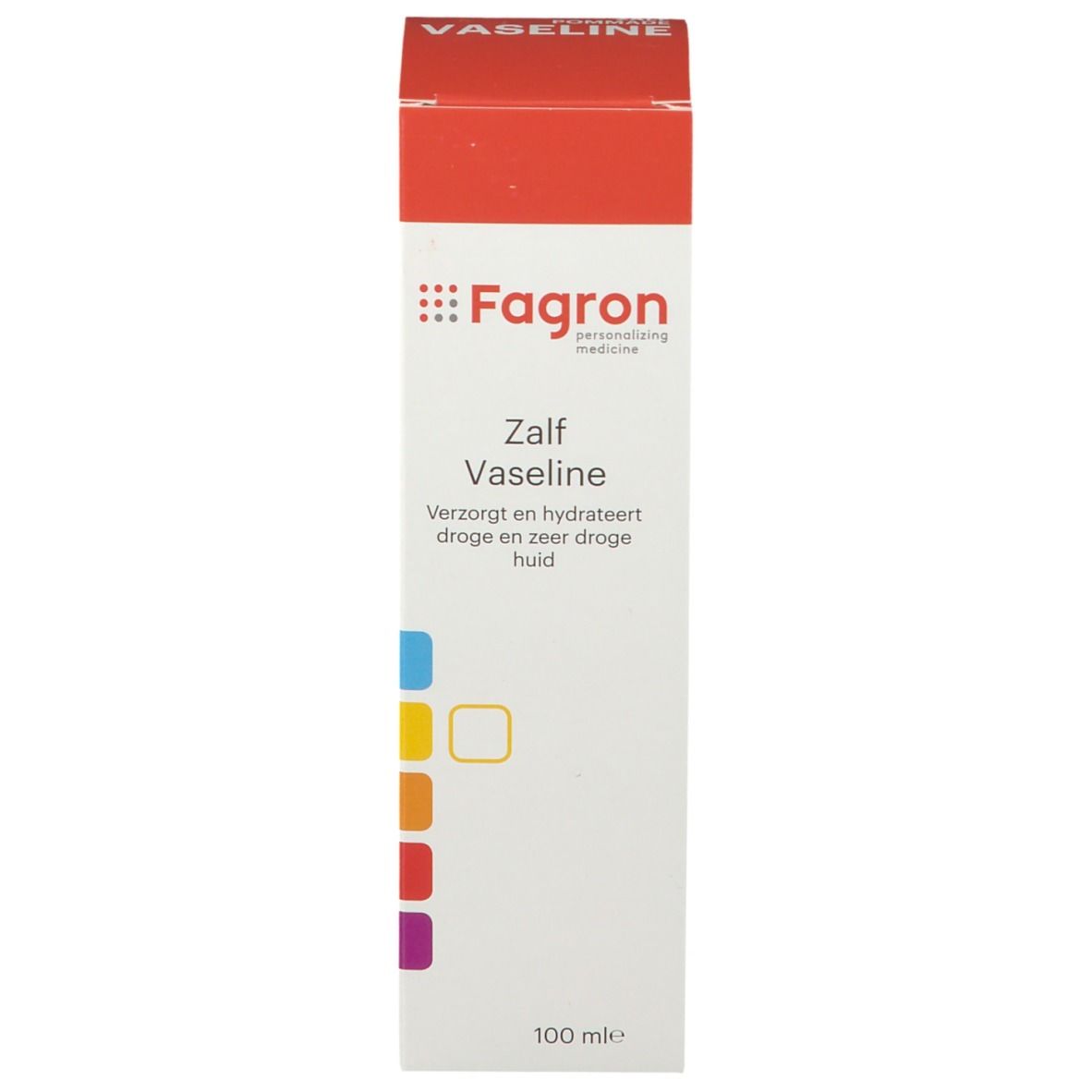 Emballage du produit. Texte: Zalf Vaseline. 100 ml. Rouge, blanc, bleu, jaune, orange, violet.