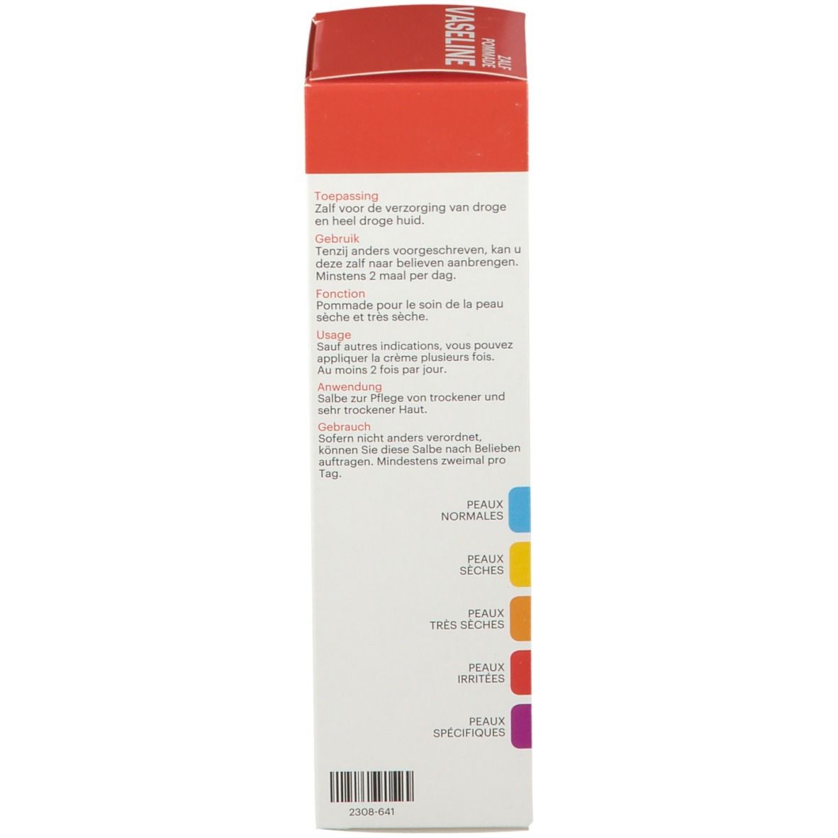 Emballage du produit. Dos. Texte: Application, utilisation, tableau des types de peau, 2308-641.