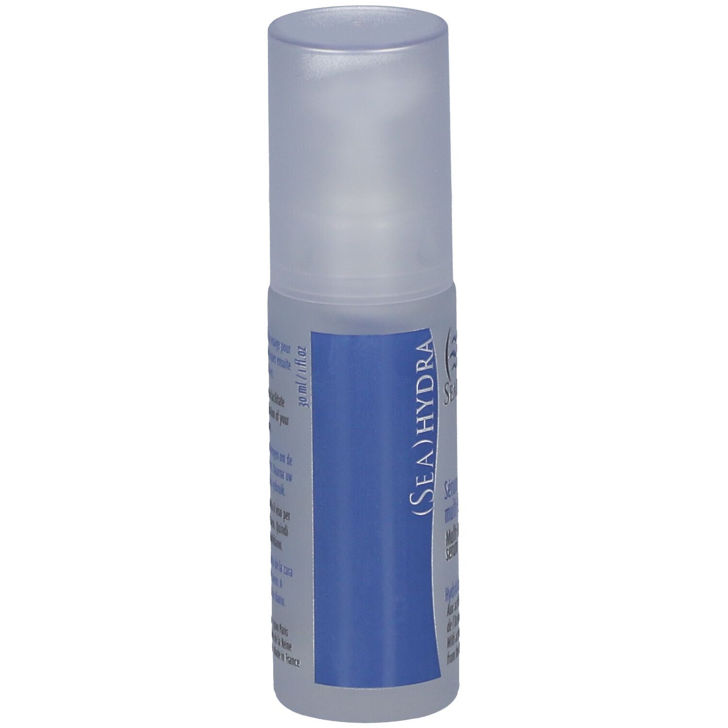 Petite bouteille cylindrique avec étiquette bleue. Inscription : SEADERM, Sérum multi-hydratant. Bouchon transparent.