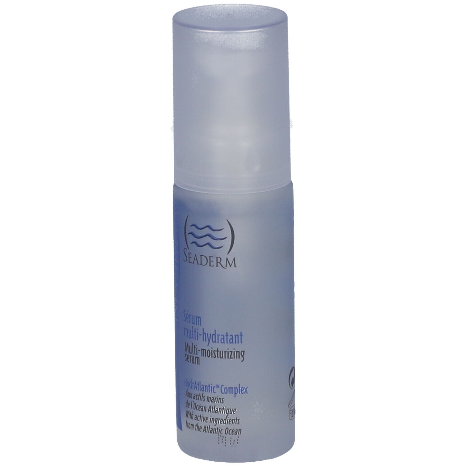 Petite bouteille cylindrique avec étiquette bleue. Inscription : SEADERM, Sérum multi-hydratant. Bouchon transparent.