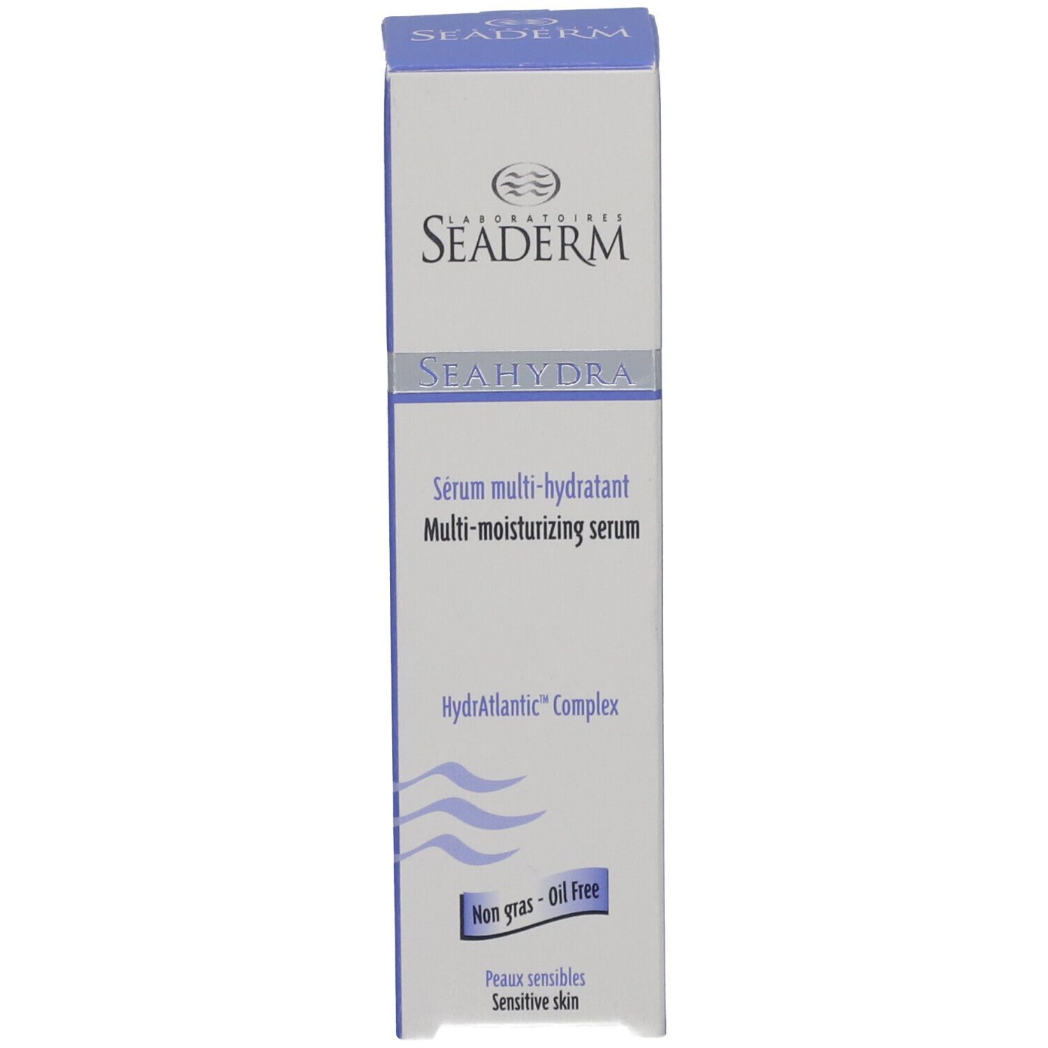 Emballage bleu du produit. Inscription : SEADERM, SEA(HYDRA), Sérum multi-hydratant. Texte et logo.