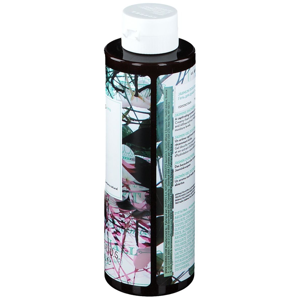 Gel douche KORRES Jasmine. Vue arrière du flacon. Texte sur l'étiquette avec ingrédients et informations. Bouchon blanc.