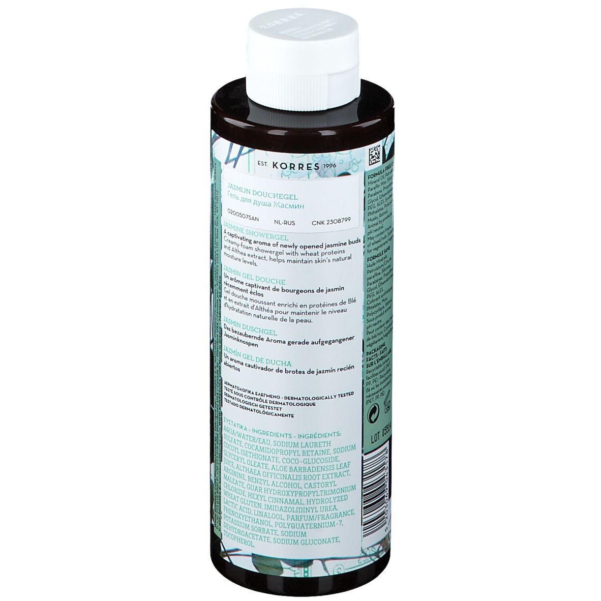 Gel douche KORRES Jasmine. Vue arrière du flacon. Texte sur l'étiquette avec ingrédients et informations. Bouchon blanc.