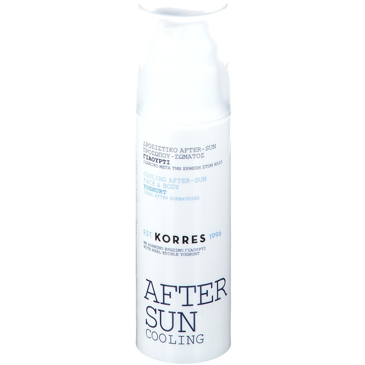 KORRES crème-gel après-soleil. Flacon blanc avec texte bleu. Inscription: After Sun Cooling.