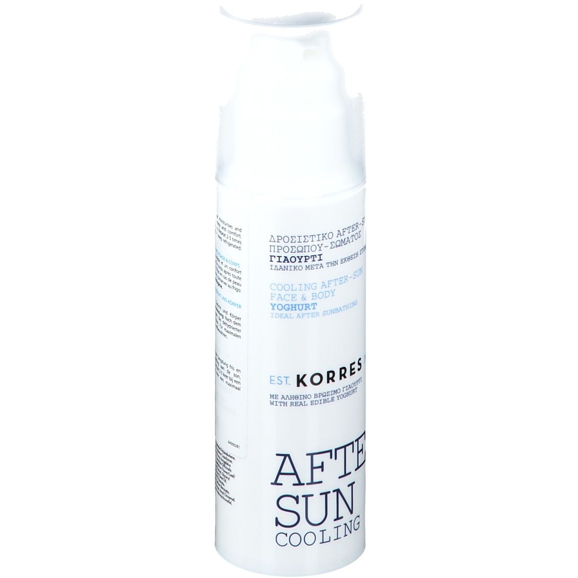 KORRES crème-gel après-soleil. Flacon blanc avec texte bleu. Inscription: After Sun Cooling.
