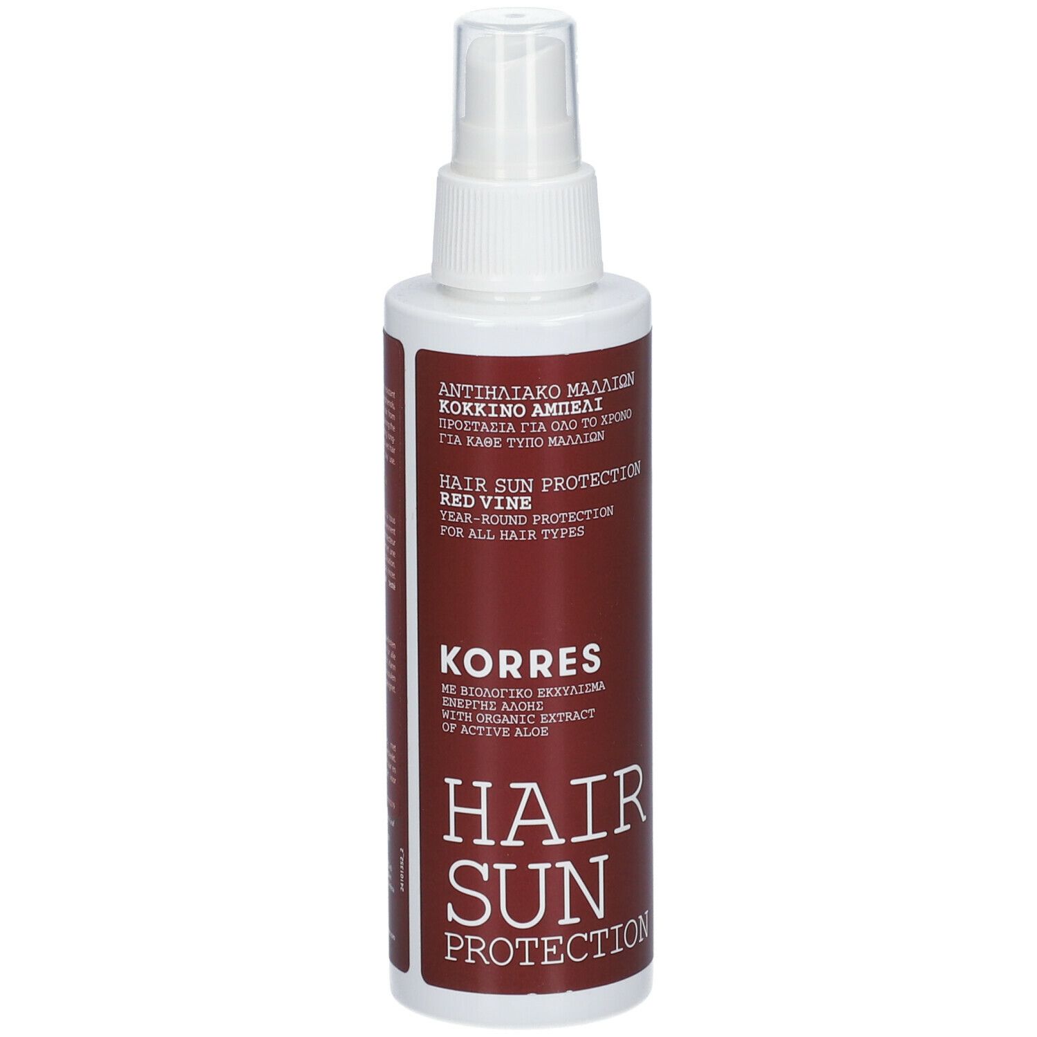Flacon de spray capillaire avec étiquette rouge. Texte : Hair Sun Protection, Korres. Pour tous types de cheveux.