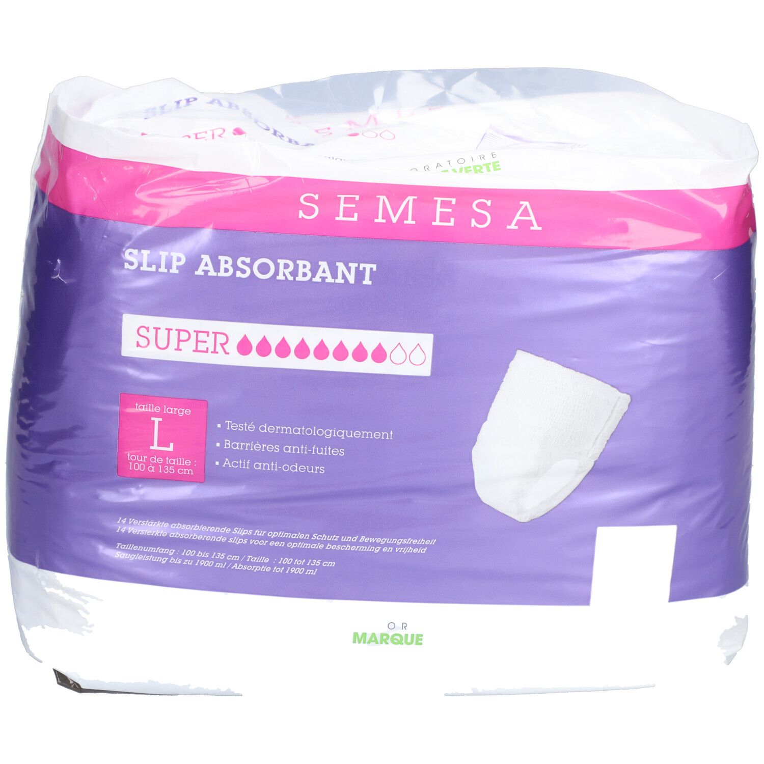 Paquet de slips absorbants Semesa Super L. Inscription 'Slip Absorbant'. Fond violet, éléments roses et blancs.