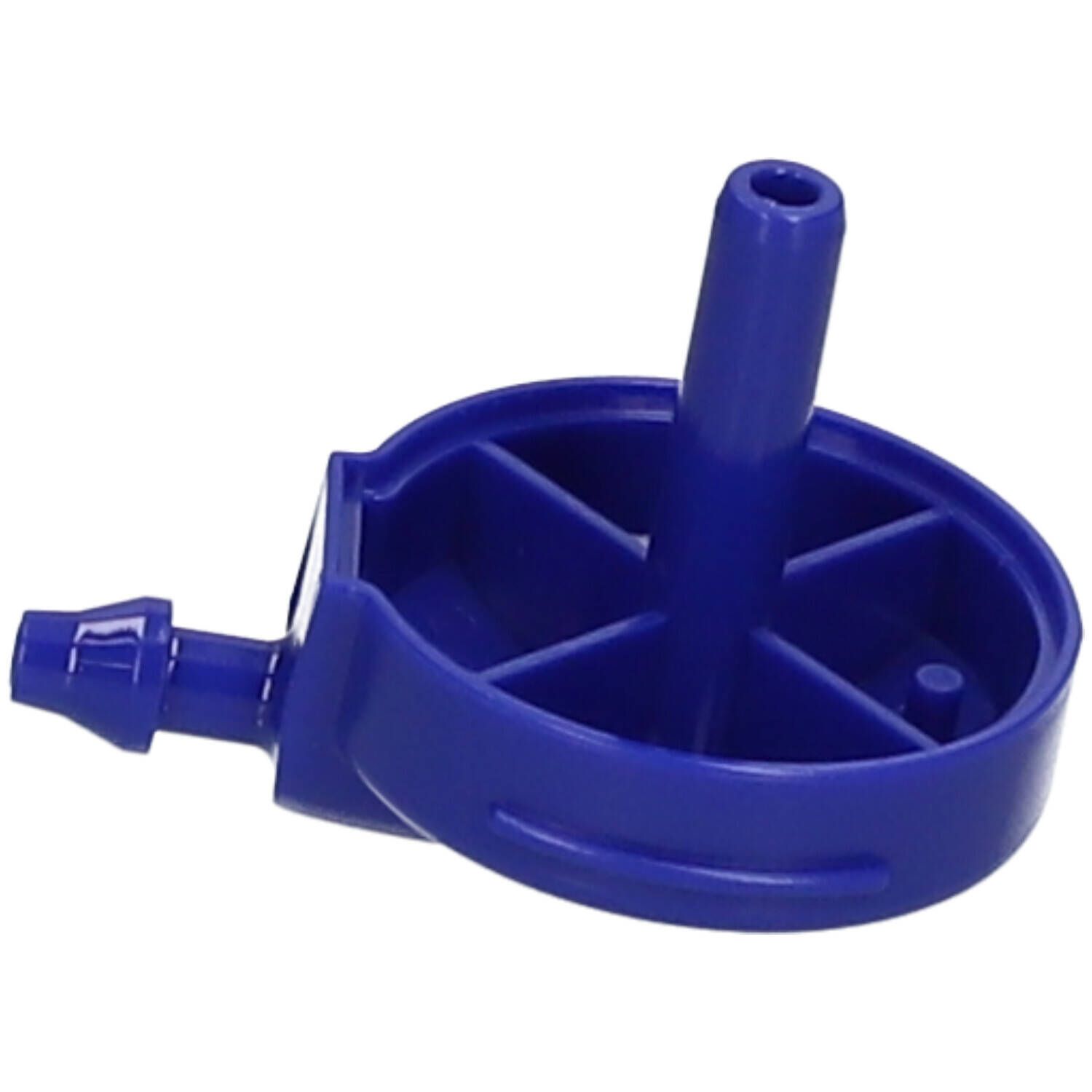 Connecteur en plastique bleu. Avec un embout cylindrique et un raccord coudé plus petit.