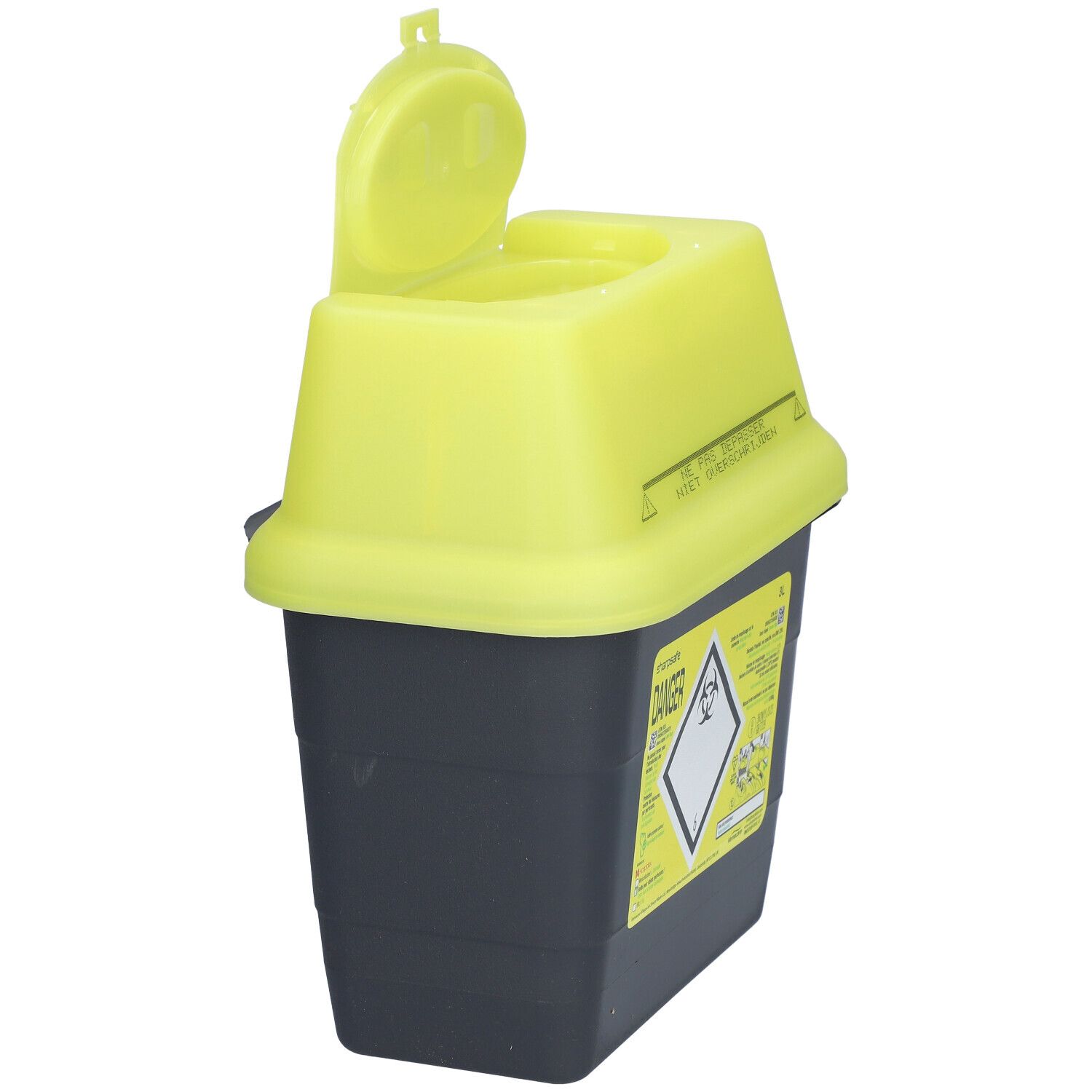 Conteneur à déchets médicaux jaune et noir avec couvercle ouvert. Étiquette avec symbole de risque biologique et texte.