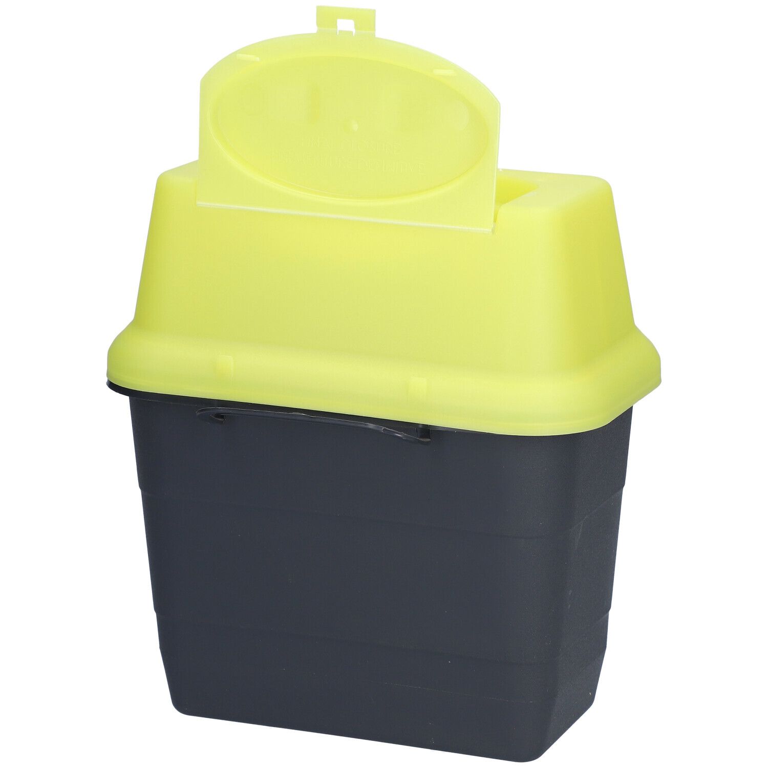 Conteneur à déchets médicaux jaune et noir avec couvercle ouvert. Forme rectangulaire, étiquette non visible.