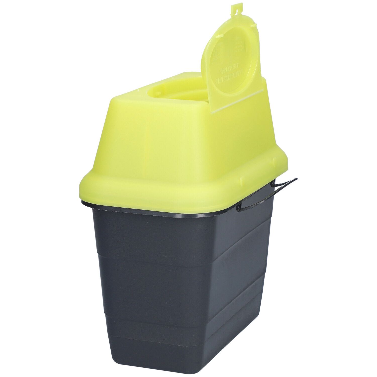 Conteneur à déchets médicaux jaune et noir avec couvercle ouvert. Forme rectangulaire, étiquette non visible.