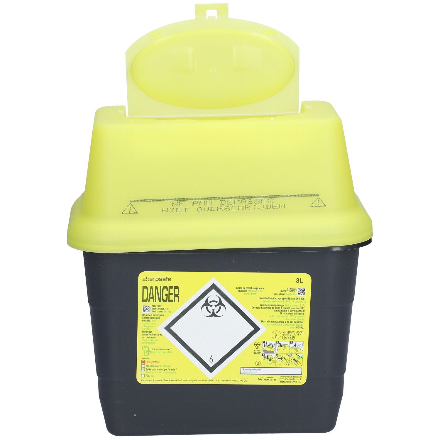 Conteneur à déchets médicaux jaune et noir avec couvercle fermé. Inscription : DANGER, symbole de risque biologique, 3L.