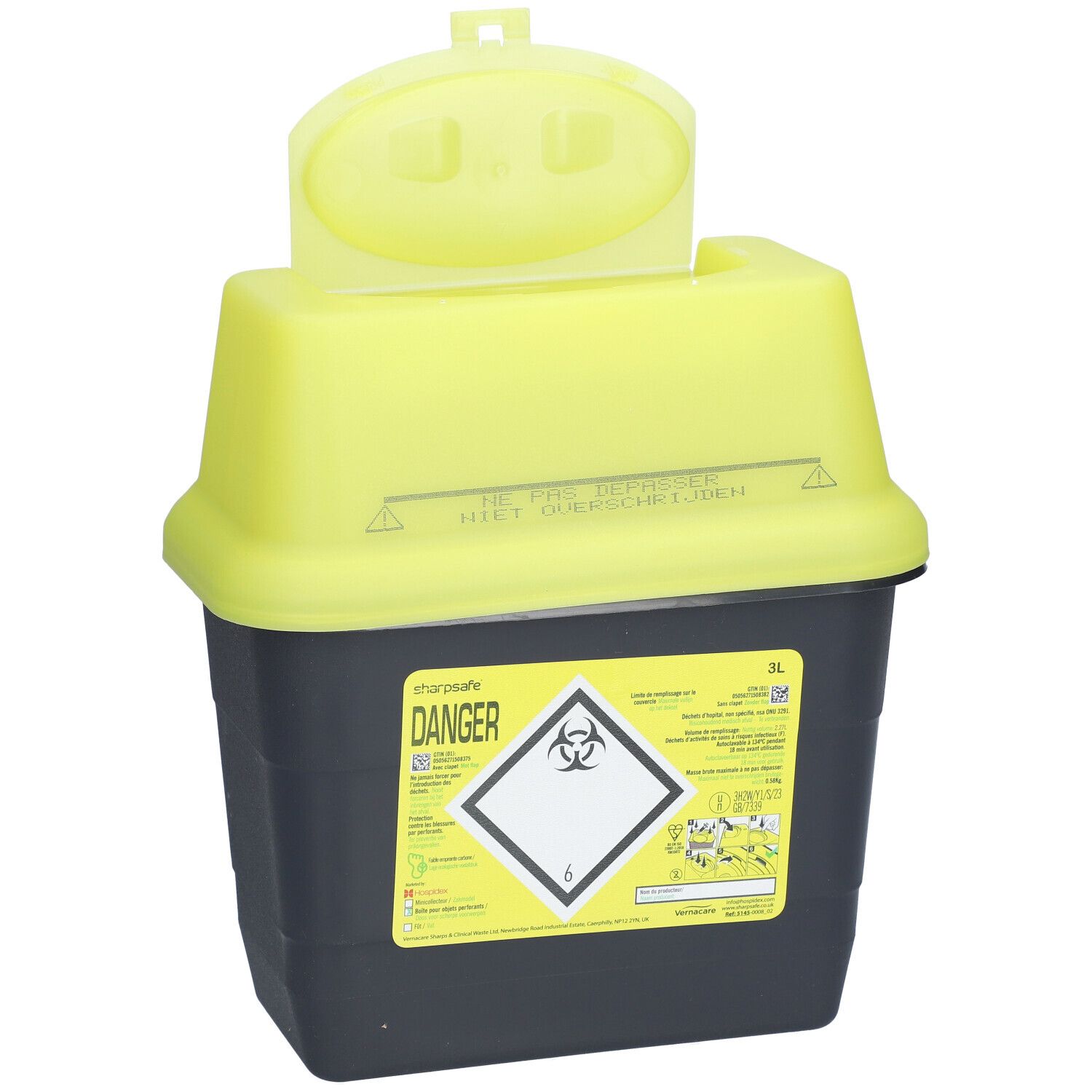 Conteneur à déchets médicaux jaune et noir avec couvercle fermé. Inscription : DANGER, symbole de risque biologique, 3L.